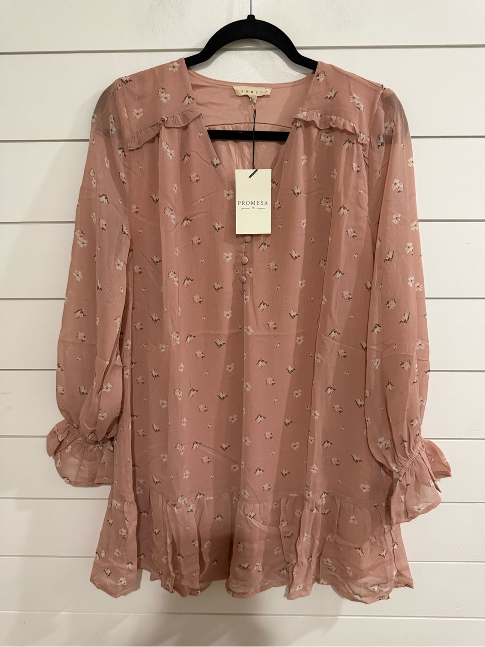 Promesa Dusty Rose Floral Ruffle Long Sleeve Tunic Dress